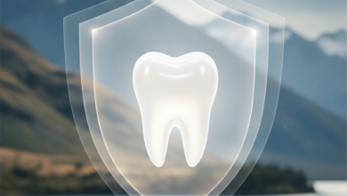 A gleaming, pristine white tooth at the center, symbolizing dental health and protection. Surrounding it are soft, abstract, blurred light patterns that convey financial security. In the very soft-focus background, a majestic, blurred New Zealand landscape, possibly mountains or fjords, under clear skies. The image is clean, bright, and free of any text.
