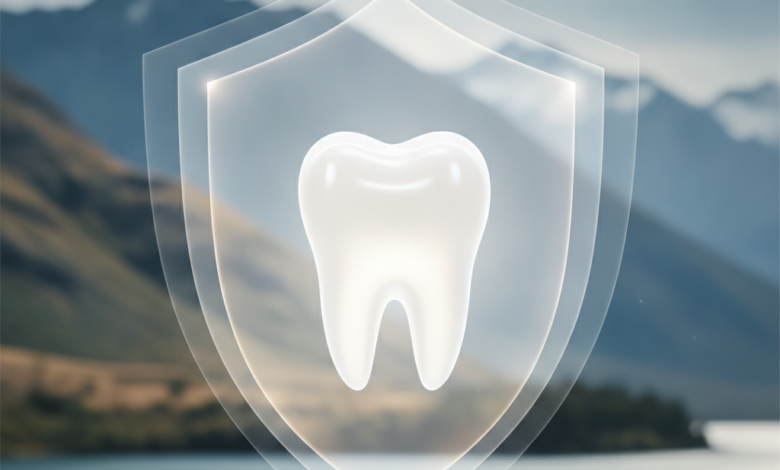 A gleaming, pristine white tooth at the center, symbolizing dental health and protection. Surrounding it are soft, abstract, blurred light patterns that convey financial security. In the very soft-focus background, a majestic, blurred New Zealand landscape, possibly mountains or fjords, under clear skies. The image is clean, bright, and free of any text.