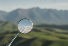A close-up, photorealistic image of a polished, modern dental mirror in the foreground. The mirror reflects a subtle, abstract pattern of light, hinting at financial costs. In the blurred background, a scenic New Zealand landscape featuring rolling green hills and distant mountains is visible under a clear sky.