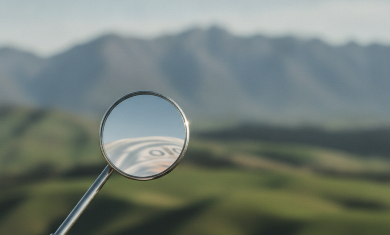 A close-up, photorealistic image of a polished, modern dental mirror in the foreground. The mirror reflects a subtle, abstract pattern of light, hinting at financial costs. In the blurred background, a scenic New Zealand landscape featuring rolling green hills and distant mountains is visible under a clear sky.