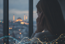 A person, gender-ambiguous, in a contemplative pose, gently touching their hair, with a deeply blurred modern city skyline in the background, subtly hinting at Istanbul. Abstract light patterns representing financial decisions are overlaid. No text or numbers are visible.