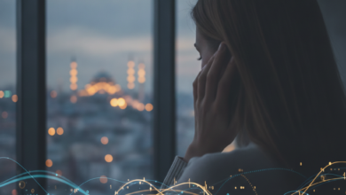 A person, gender-ambiguous, in a contemplative pose, gently touching their hair, with a deeply blurred modern city skyline in the background, subtly hinting at Istanbul. Abstract light patterns representing financial decisions are overlaid. No text or numbers are visible.