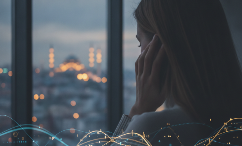 A person, gender-ambiguous, in a contemplative pose, gently touching their hair, with a deeply blurred modern city skyline in the background, subtly hinting at Istanbul. Abstract light patterns representing financial decisions are overlaid. No text or numbers are visible.