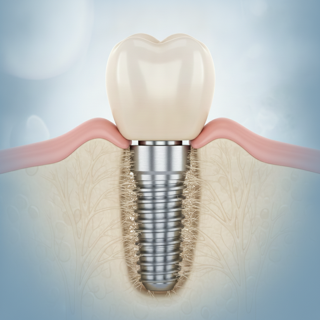 Dental Implants in Wellington are a permanent solution, showing a titanium post fusing with jawbone.