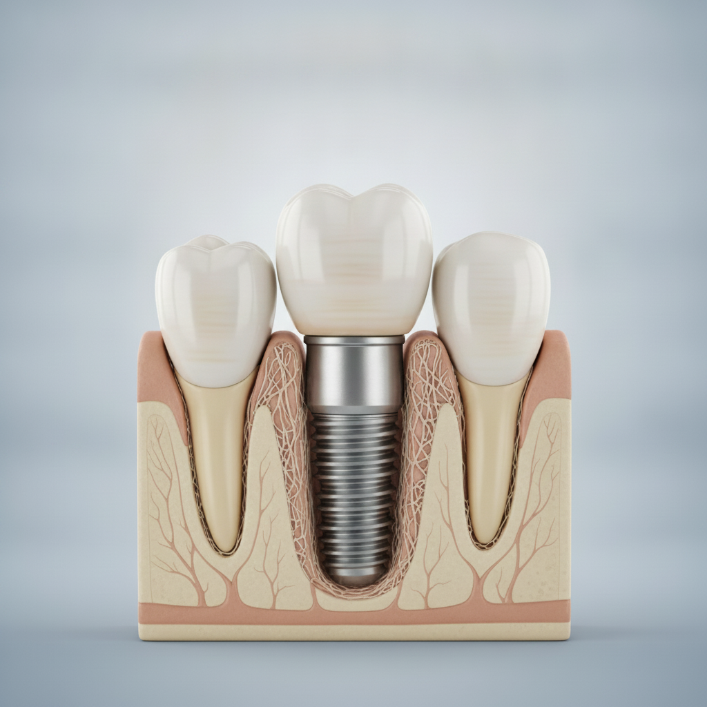 Implants Are Not Covered Fully, illustrating a dental implant post fused to jawbone supporting a crown.