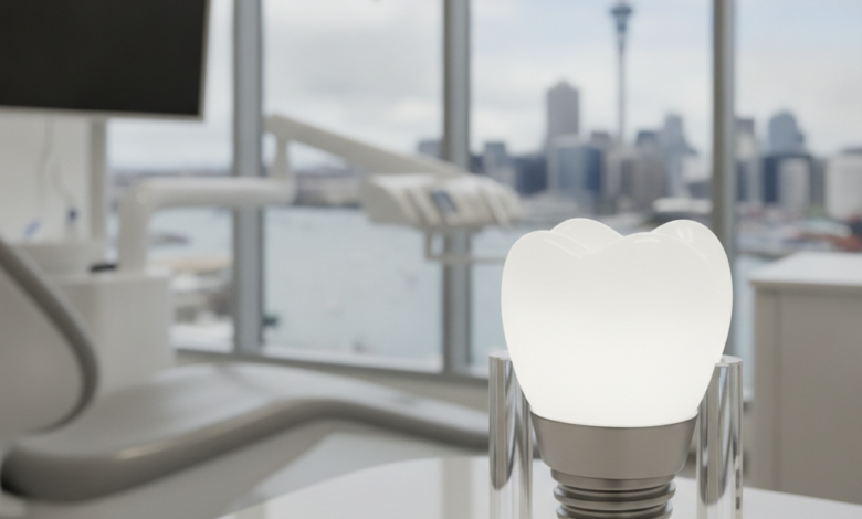 A photorealistic image of a sleek, modern dental clinic interior. In the foreground, there's an abstract, gleaming white dental implant or tooth model. Through a blurred window in the background, the iconic Auckland city skyline and harbor are visible. The scene is bright, clean, and professionally lit.