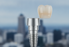 A detailed, photorealistic conceptual model of a dental implant, showing its metallic screw-shaped post, connector abutment, and natural-looking tooth crown, in the foreground. The background is a softly blurred yet recognizable Auckland city skyline under a neutral sky.