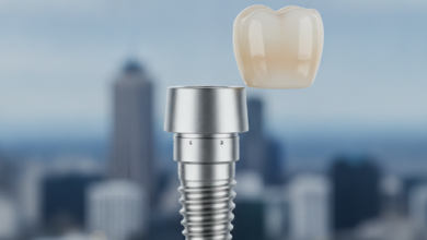 A detailed, photorealistic conceptual model of a dental implant, showing its metallic screw-shaped post, connector abutment, and natural-looking tooth crown, in the foreground. The background is a softly blurred yet recognizable Auckland city skyline under a neutral sky.