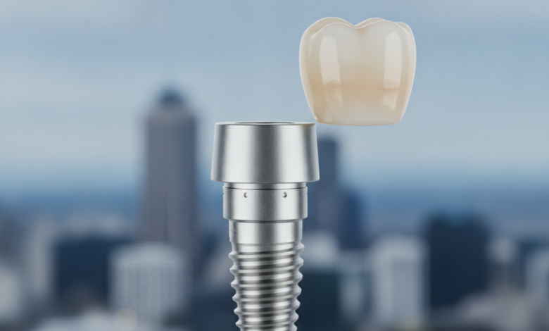 A detailed, photorealistic conceptual model of a dental implant, showing its metallic screw-shaped post, connector abutment, and natural-looking tooth crown, in the foreground. The background is a softly blurred yet recognizable Auckland city skyline under a neutral sky.