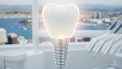 A close-up of a perfectly white, healthy tooth with a subtle, glowing representation of a dental implant's root structure, set against a softly blurred background of Wellington's harbor and city skyline on a bright day.