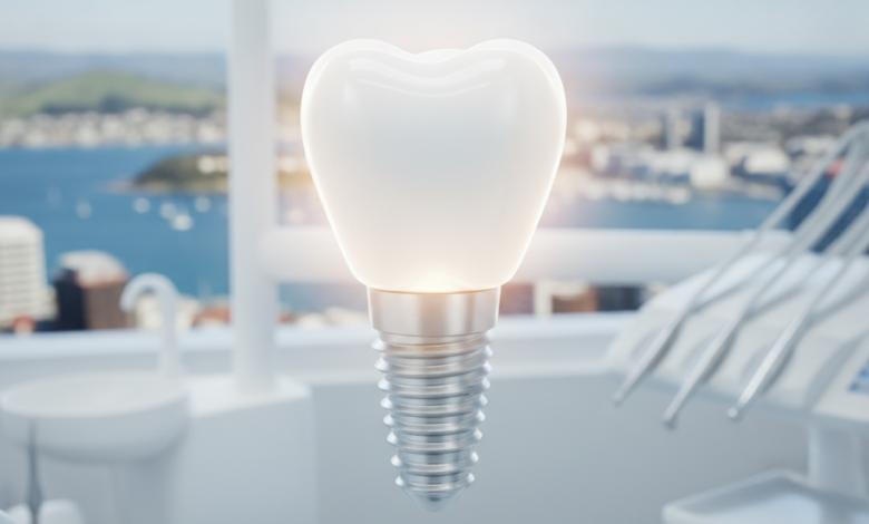 A close-up of a perfectly white, healthy tooth with a subtle, glowing representation of a dental implant's root structure, set against a softly blurred background of Wellington's harbor and city skyline on a bright day.