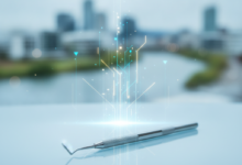 A close-up, photorealistic image of a polished dental instrument resting on a clean surface, with abstract glowing lines representing financial data. The background is a deeply blurred, modern cityscape of Christchurch, New Zealand.