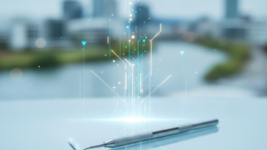 A close-up, photorealistic image of a polished dental instrument resting on a clean surface, with abstract glowing lines representing financial data. The background is a deeply blurred, modern cityscape of Christchurch, New Zealand.