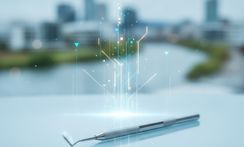 A close-up, photorealistic image of a polished dental instrument resting on a clean surface, with abstract glowing lines representing financial data. The background is a deeply blurred, modern cityscape of Christchurch, New Zealand.
