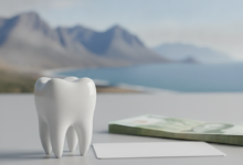 A close-up of a perfectly clean, healthy white tooth resting on a minimalist surface, next to a blurred stack of generic currency notes or an unbranded payment card. In the soft-focus background, a heavily blurred scenic landscape of New Zealand, possibly mountains or coastline. The image conveys the topic of dental health and financing without any text.
