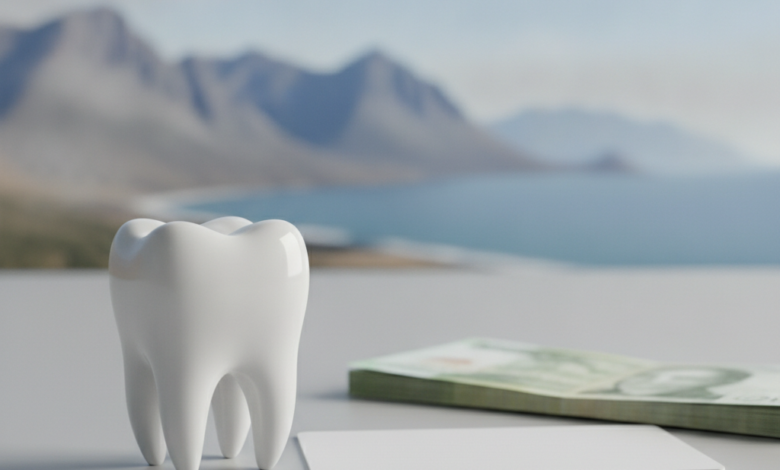 A close-up of a perfectly clean, healthy white tooth resting on a minimalist surface, next to a blurred stack of generic currency notes or an unbranded payment card. In the soft-focus background, a heavily blurred scenic landscape of New Zealand, possibly mountains or coastline. The image conveys the topic of dental health and financing without any text.