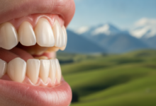 Close-up of bright, healthy, glistening teeth, symbolizing optimal oral health and the financial benefits of preventative dental care. In the soft-focus background, a blurred, serene New Zealand landscape with green hills and distant mountains under a clear sky, indicating the location without being distracting.
