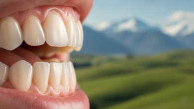Close-up of bright, healthy, glistening teeth, symbolizing optimal oral health and the financial benefits of preventative dental care. In the soft-focus background, a blurred, serene New Zealand landscape with green hills and distant mountains under a clear sky, indicating the location without being distracting.