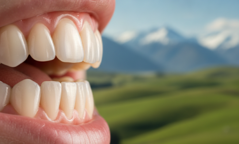 Close-up of bright, healthy, glistening teeth, symbolizing optimal oral health and the financial benefits of preventative dental care. In the soft-focus background, a blurred, serene New Zealand landscape with green hills and distant mountains under a clear sky, indicating the location without being distracting.