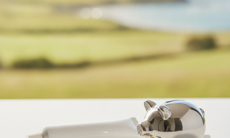 A close-up of a clean toothbrush and toothpaste on a white surface, accompanied by a small metallic piggy bank and a few New Zealand dollar coins. The background is a softly blurred, sunlit landscape featuring green rolling hills and a distant ocean bay, typical of New Zealand.