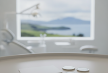 Close-up of a generic payment card and generic coins on a clean surface, with a blurred modern dental clinic and a very distant, blurred New Zealand landscape visible through a window in the background. No text or branding.