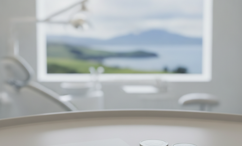 Close-up of a generic payment card and generic coins on a clean surface, with a blurred modern dental clinic and a very distant, blurred New Zealand landscape visible through a window in the background. No text or branding.