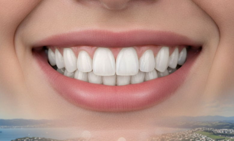 A close-up, photorealistic image of a radiant, healthy smile with bright, perfectly aligned teeth, suggesting successful dental veneer treatment. The background is softly blurred, showing a hint of Wellington, New Zealand's cityscape or harbor under natural light.