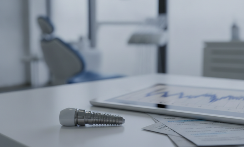 A close-up, photorealistic view of a polished dental implant resting on a modern desk. Beside it are blurred, abstract financial documents with graphs and forms, and a softly out-of-focus clean office or dental clinic in the background. No text is visible.