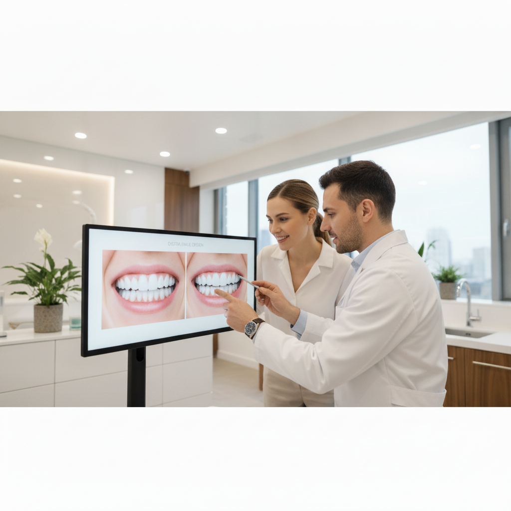Smile Makeover Auckland: Patient reviews their potential new smile with dentist's digital design.