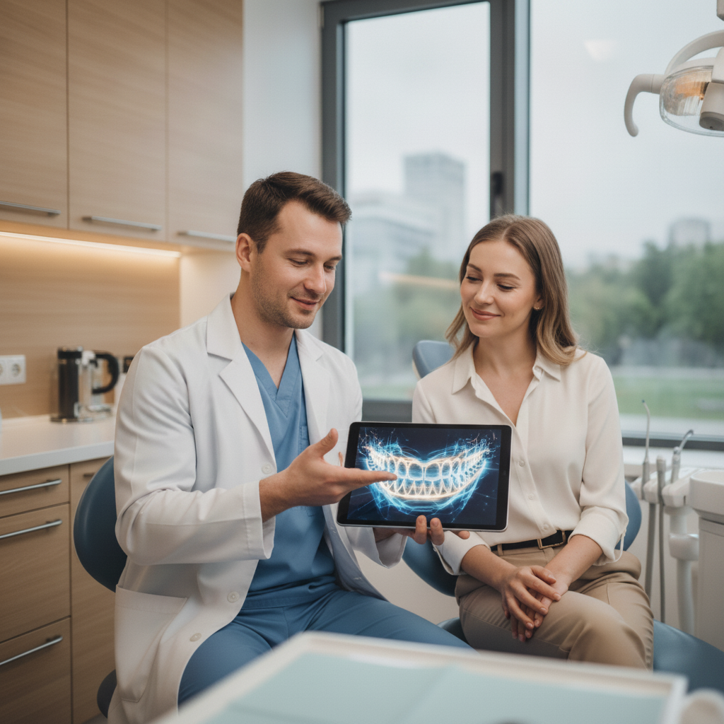 Smile Makeover Auckland: Dentist and patient collaboratively planning smile design using modern digital technology for aesthetic results