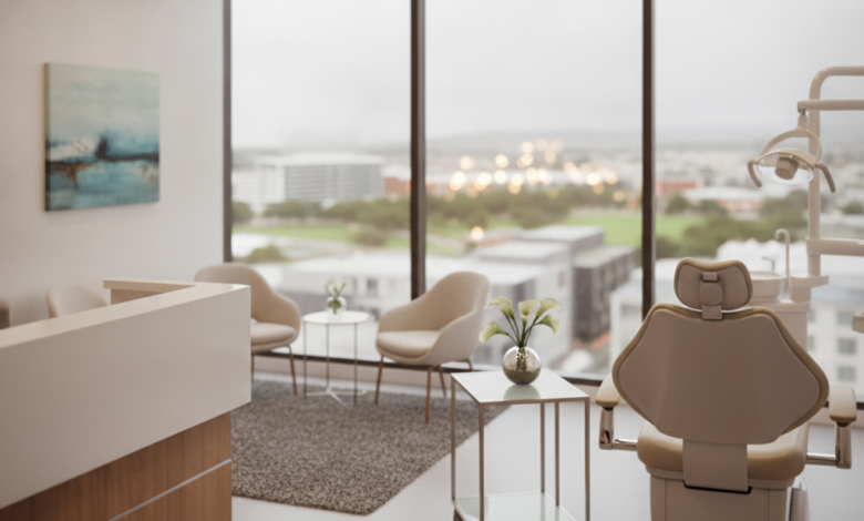 A photorealistic image of a clean, modern dental clinic interior with a large window showing a blurred cityscape in the background. The scene suggests a professional and welcoming environment for dental care. No visible text.