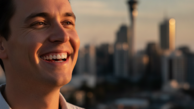 A close-up, photorealistic image of a person smiling subtly and confidently, showcasing healthy, bright teeth. The background is a beautifully blurred, out-of-focus cityscape of Auckland, New Zealand, featuring the Sky Tower indistinctly. Cinematic lighting accentuates the person's joyful expression. No text is present.