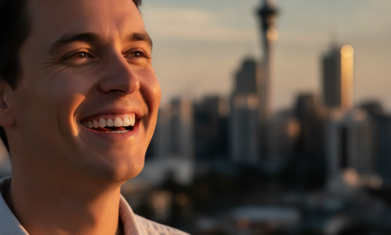 A close-up, photorealistic image of a person smiling subtly and confidently, showcasing healthy, bright teeth. The background is a beautifully blurred, out-of-focus cityscape of Auckland, New Zealand, featuring the Sky Tower indistinctly. Cinematic lighting accentuates the person's joyful expression. No text is present.