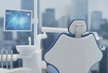A clean, modern dental clinic interior featuring a sleek, empty dental chair. In the background, there's a soft-focus blur of a contemporary city skyline, representing Hamilton. The scene highlights advanced dental technology and a professional, sterile environment.