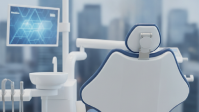 A clean, modern dental clinic interior featuring a sleek, empty dental chair. In the background, there's a soft-focus blur of a contemporary city skyline, representing Hamilton. The scene highlights advanced dental technology and a professional, sterile environment.