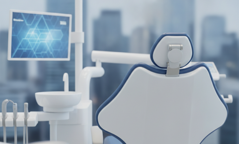 A clean, modern dental clinic interior featuring a sleek, empty dental chair. In the background, there's a soft-focus blur of a contemporary city skyline, representing Hamilton. The scene highlights advanced dental technology and a professional, sterile environment.