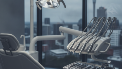 A photorealistic image showing a clean, modern dental examination room with a state-of-the-art dental chair and sterile instruments, against a blurred background of the Auckland city skyline with the Sky Tower.