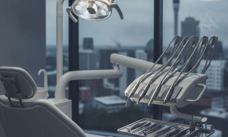 A photorealistic image showing a clean, modern dental examination room with a state-of-the-art dental chair and sterile instruments, against a blurred background of the Auckland city skyline with the Sky Tower.