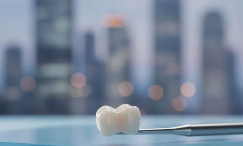 Close-up, photorealistic image of a polished zirconia dental crown, appearing naturally translucent, resting on a sterile, light-colored dental tray. The background is an extremely blurred, cool-toned urban cityscape at dusk, hinting at a modern professional clinic setting. The crown is sharply in focus, emphasizing its detail and quality.